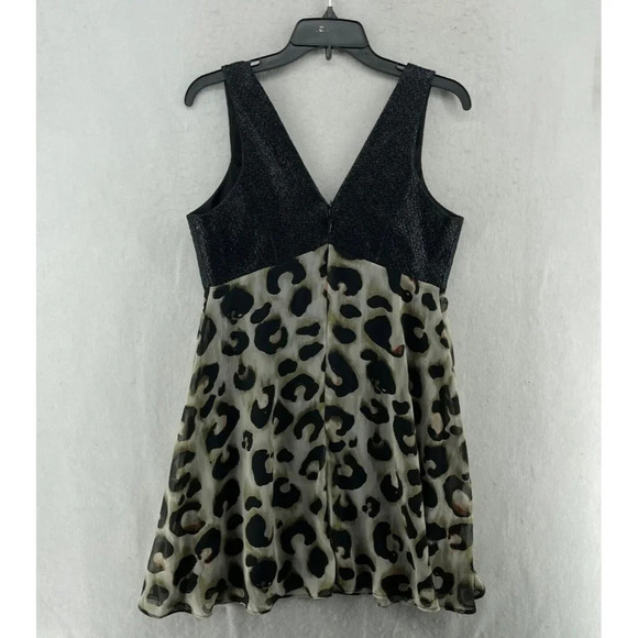BCBGeneration Mini Dress Women's 8 Black Leopard Print Plunging V-Neck Metallic - Picture 2 of 11